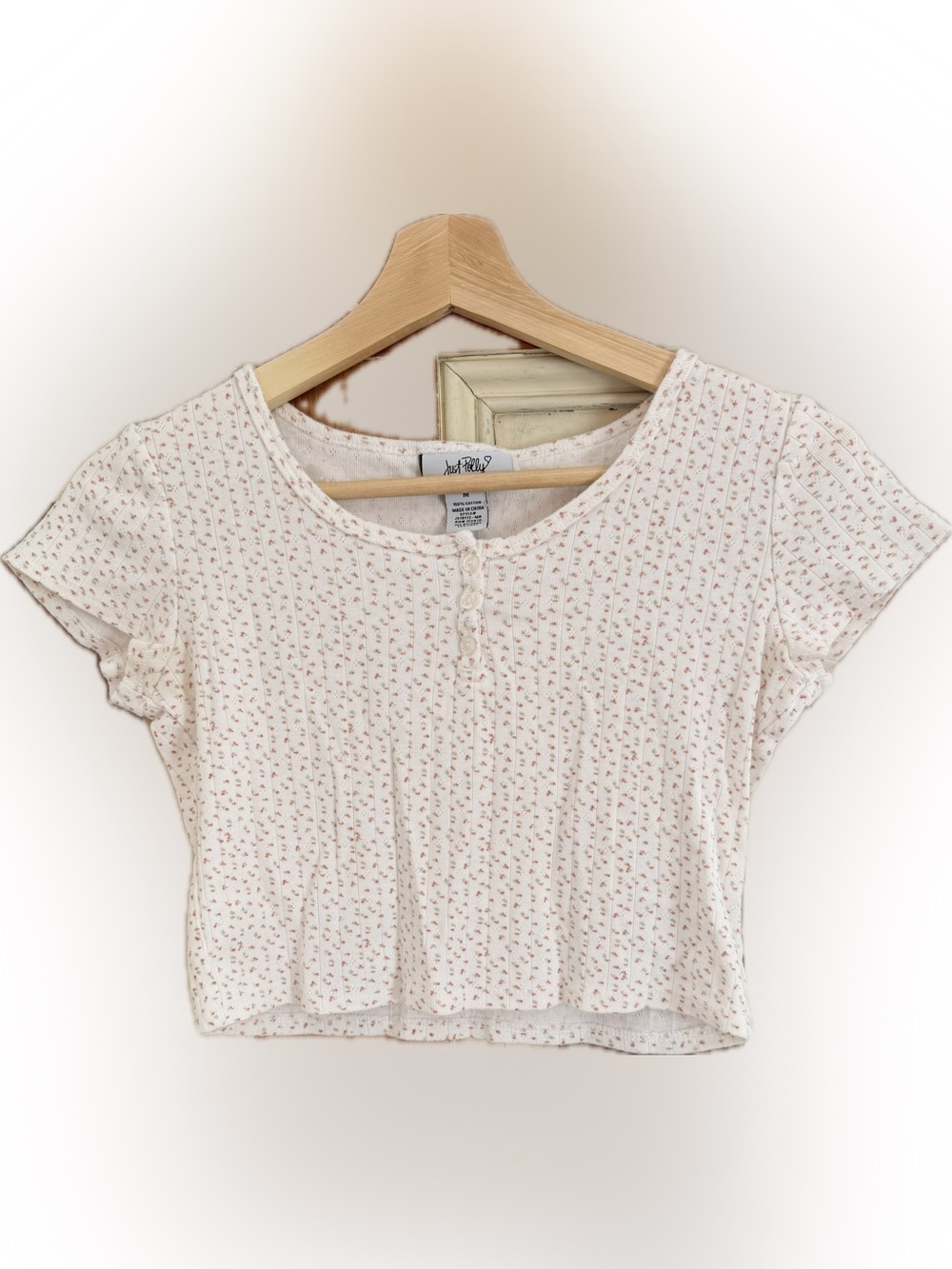 Just Polly Floral Scoop Neck Crop Top - Cream with Pink Floral Medium